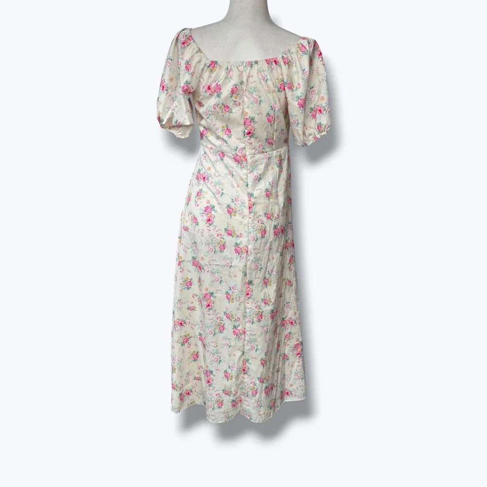 Cottagecore Floral Milkmaid Maxi Dress Puff Sleeve Square Neck Cream M Spring